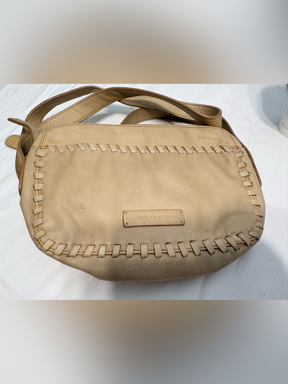 Lucky Brand Tan Leather Shoulder Bag with Whipstitch Trim